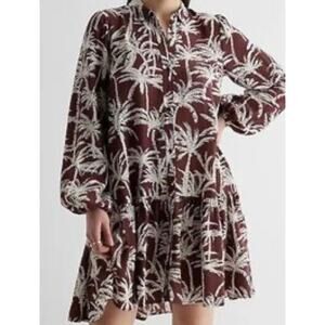 Express NWT Brown & white palm mini shirt dress Oversized flowy L/S tiered hem